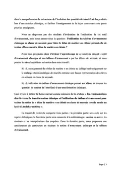 Representation des eleves sur le bilan de matiere en chimie