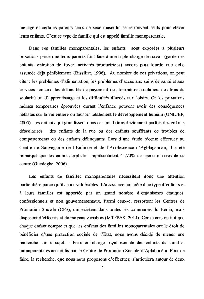 Prise en charge psychosociale des enfants de famille monoparentale