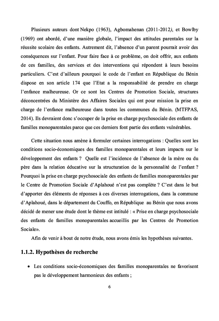 Prise en charge psychosociale des enfants de famille monoparentale