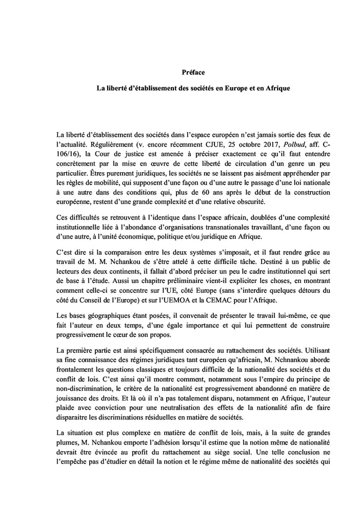 La liberté d'établissement des sociétés en Europe et en Afrique