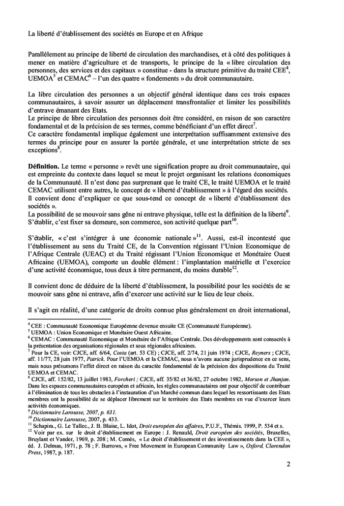 La liberté d'établissement des sociétés en Europe et en Afrique