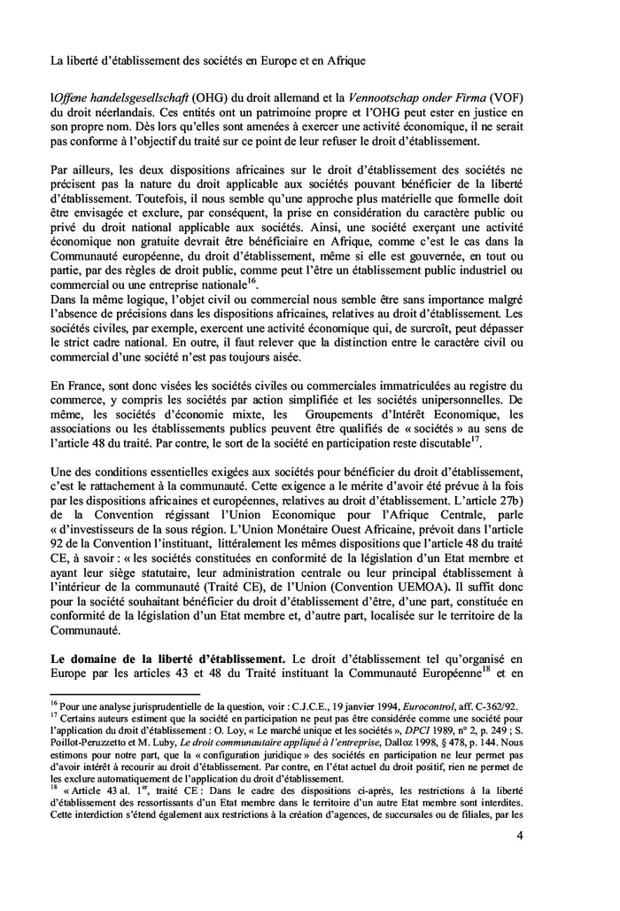 La liberté d'établissement des sociétés en Europe et en Afrique