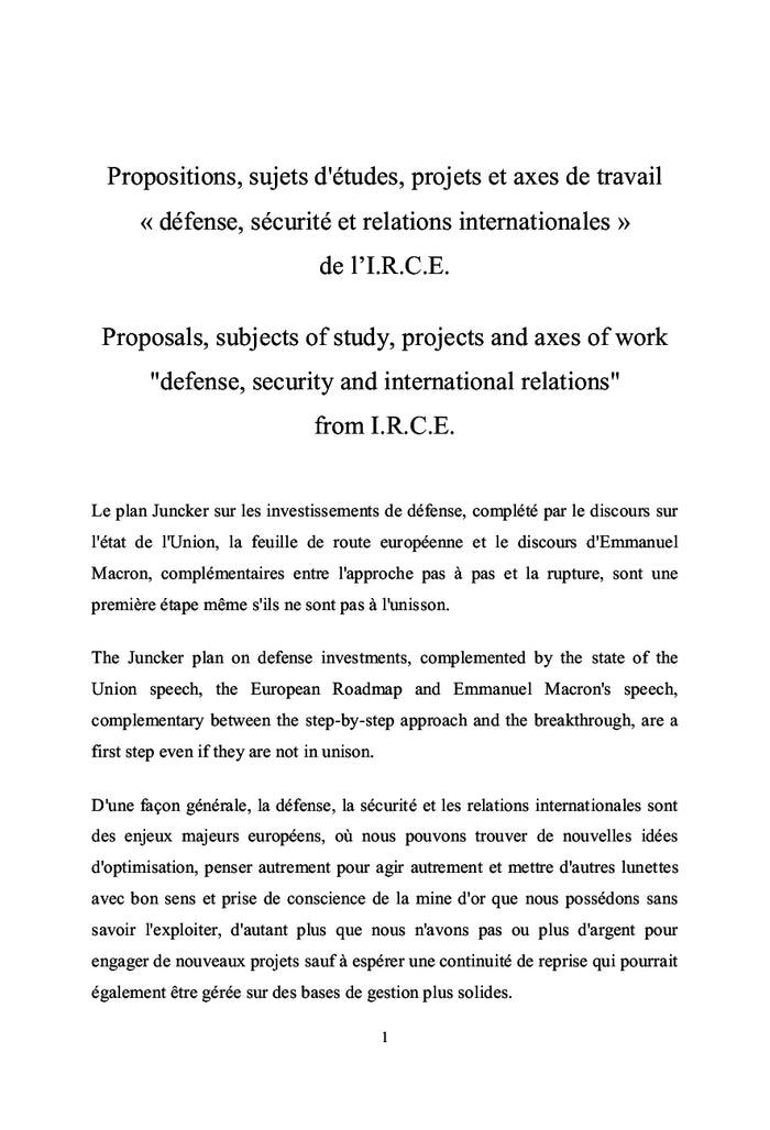 Propositions Défense, Sécurité et Rel. internationales de l'I.R.C.E.