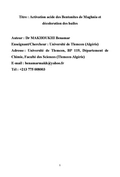 Activation de la Bentonite et Application à la décoloration des huiles
