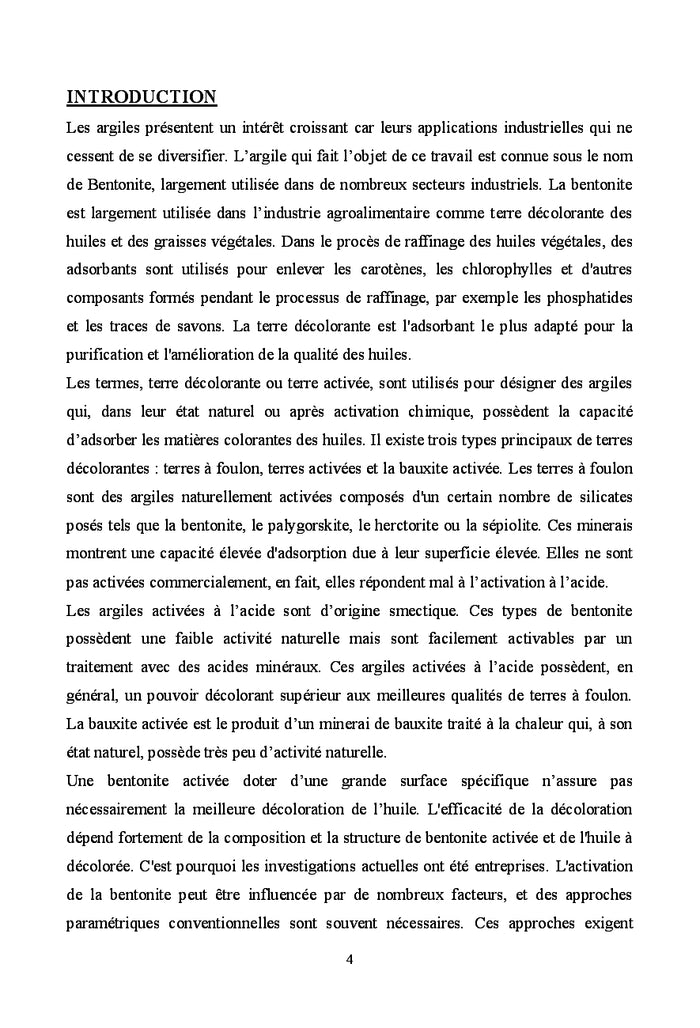 Activation de la Bentonite et Application à la décoloration des huiles