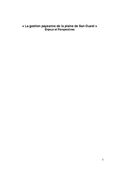 La gestion paysanne de la plaine de San Ouest : enjeux et Perspectives