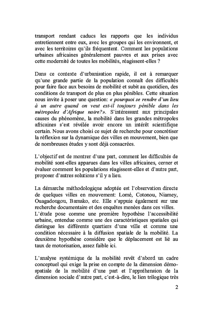 Les difficultes de mobilite dans les villes d'Afrique sub-saharienne