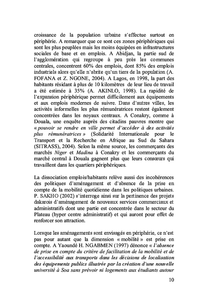 Les difficultes de mobilite dans les villes d'Afrique sub-saharienne