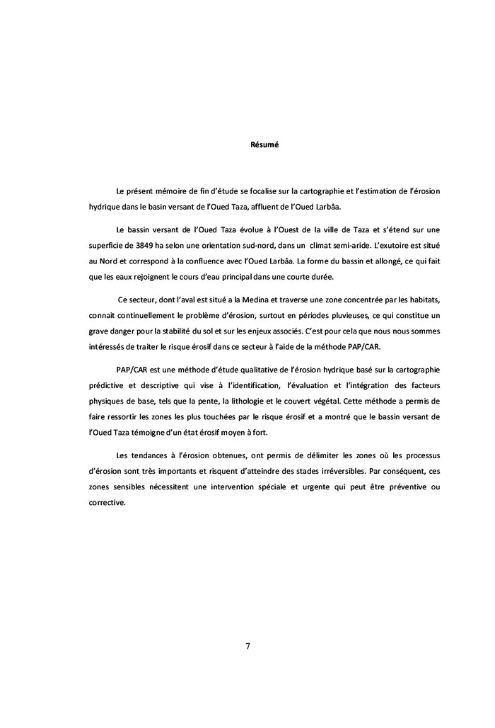 Cartographie Erosion Hydrique Bassin Versant Oued Taza (PAP/CAR)