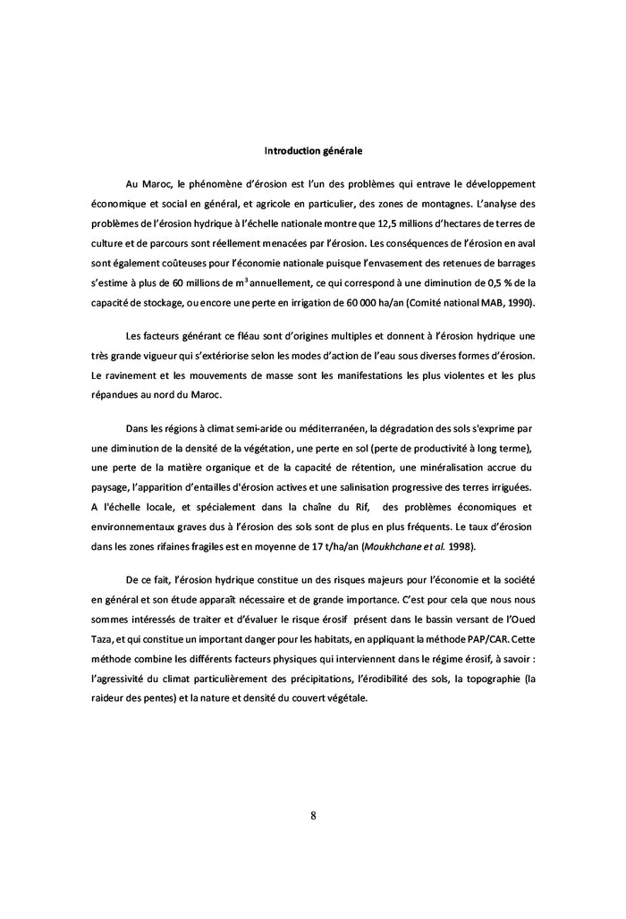 Cartographie Erosion Hydrique Bassin Versant Oued Taza (PAP/CAR)