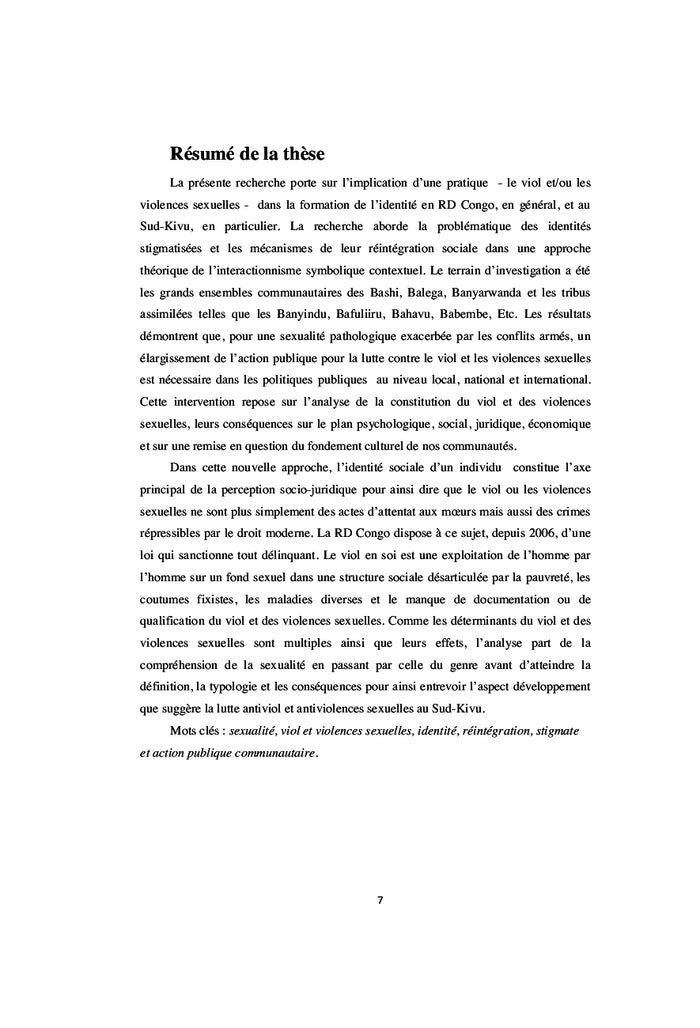 Le viol et les violences sexuelles au Sud-Kivu: Analyse d'une pratique