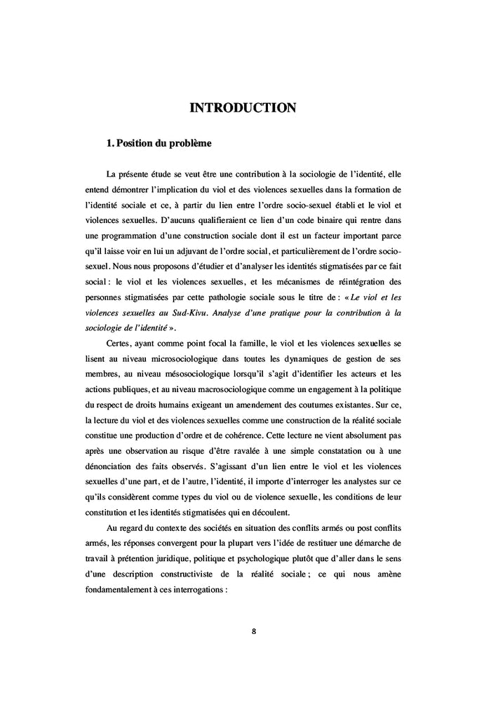 Le viol et les violences sexuelles au Sud-Kivu: Analyse d'une pratique