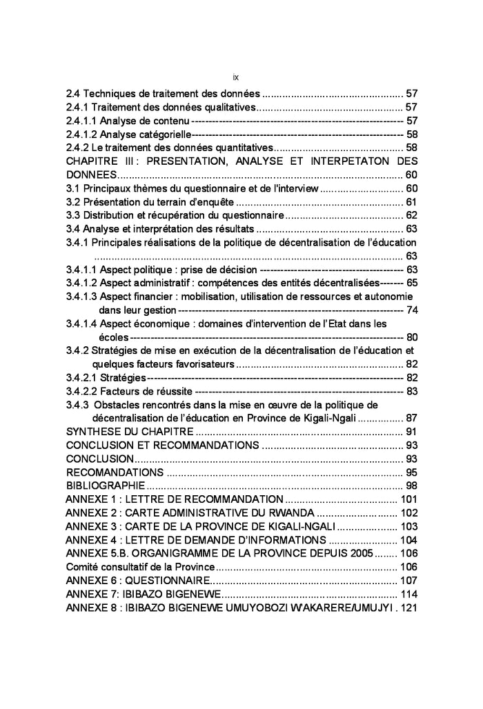 Etat d'Avancement de la Politique de décentralisation de l'Education