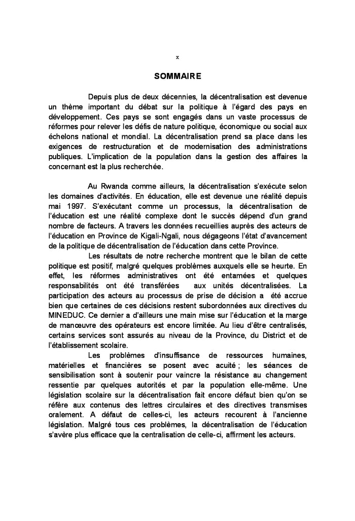 Etat d'Avancement de la Politique de décentralisation de l'Education