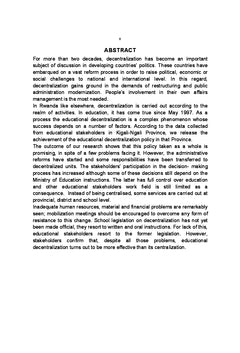 Etat d'Avancement de la Politique de décentralisation de l'Education