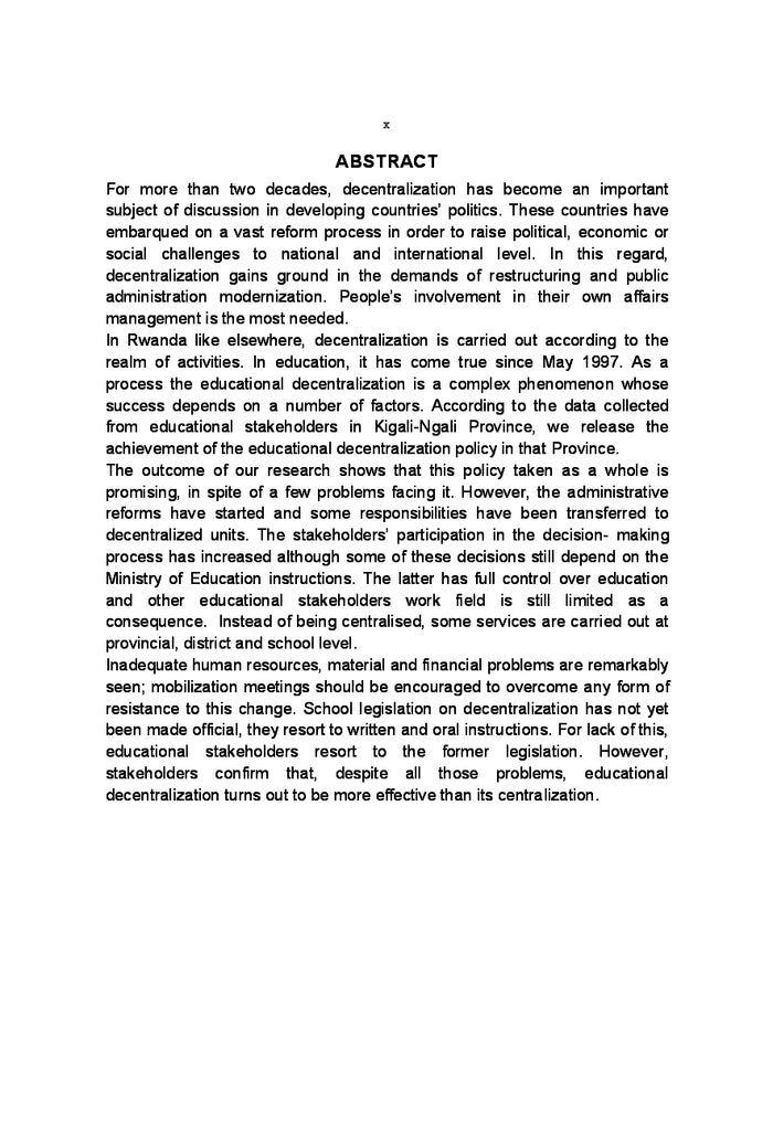 Etat d'Avancement de la Politique de décentralisation de l'Education