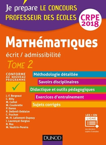 Mathématiques - Professeur des écoles - Ecrit / admissibilité - CRPE 2018 - T.2