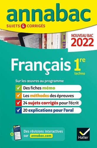 Annales du bac Annabac 2022 Français 1re technologique