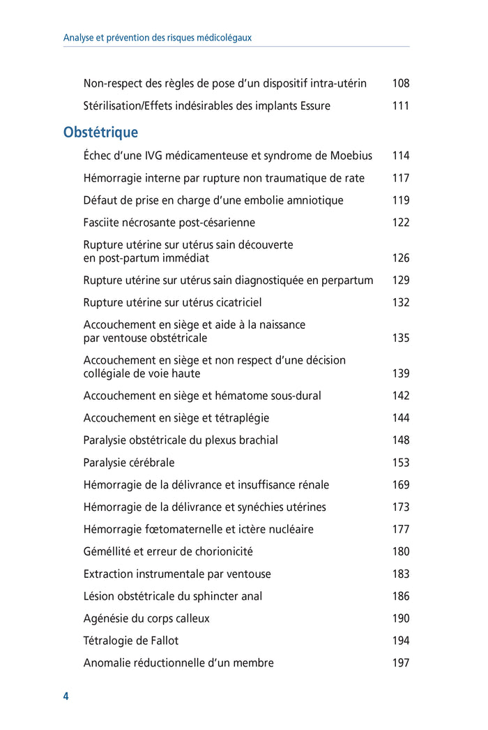 Analyse et prévention des risques médicolégaux en gynécologie, obstétrique, périnatalogie et pédiatrie