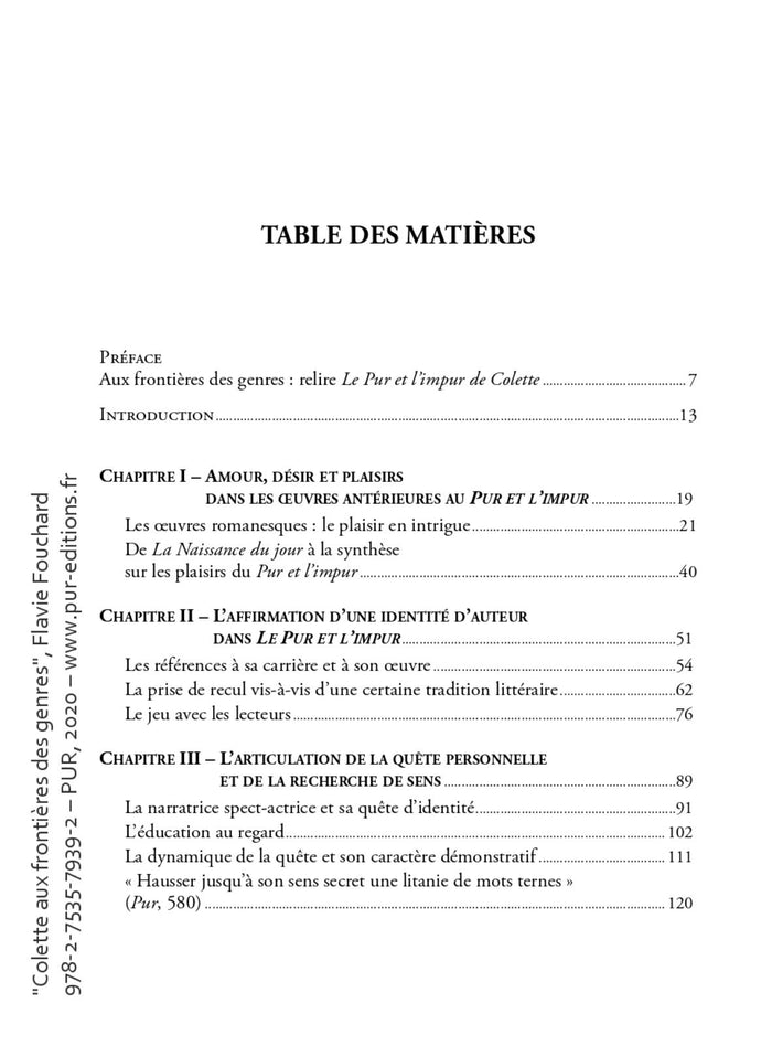 Colette aux frontières des genres: Relire Le Pur et l'impur