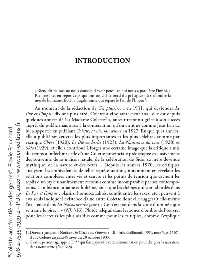 Colette aux frontières des genres: Relire Le Pur et l'impur