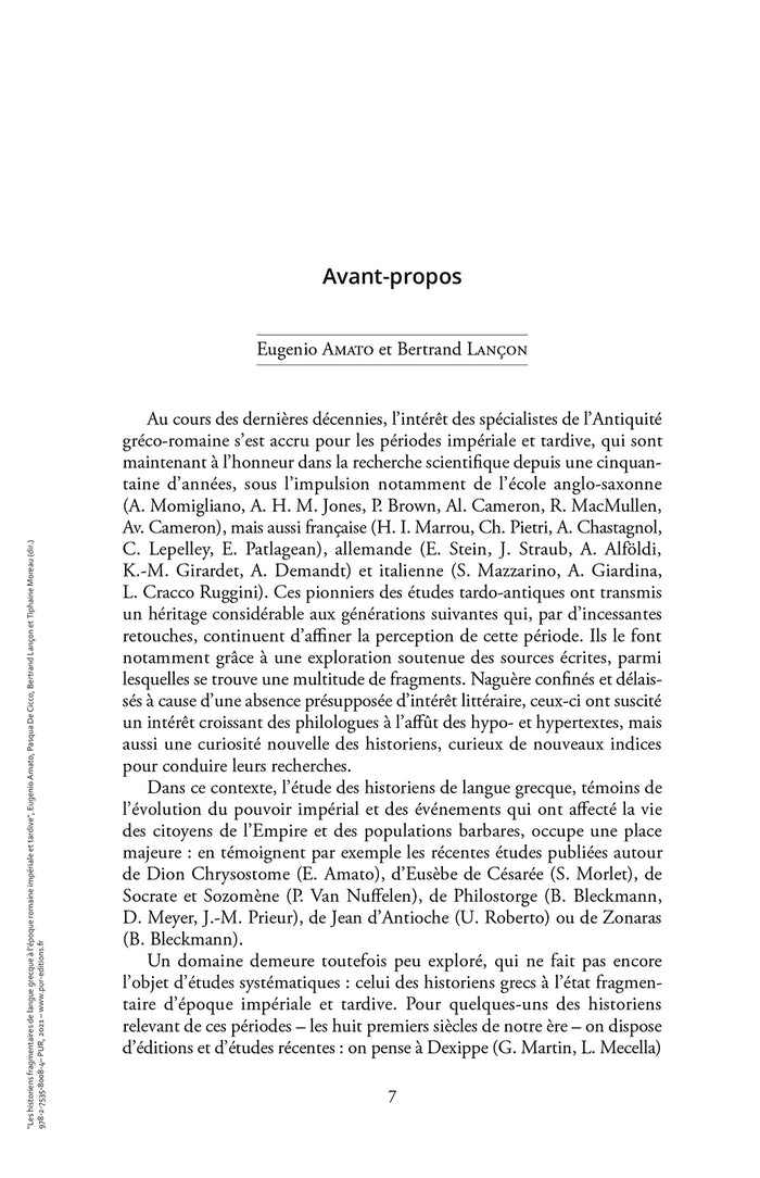 Les historiens fragmentaires de langue grecque à l'époque impériale et tardive