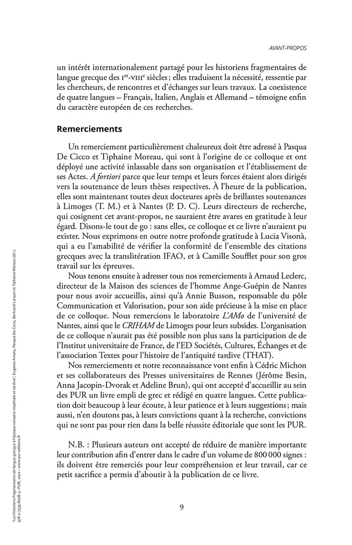 Les historiens fragmentaires de langue grecque à l'époque impériale et tardive