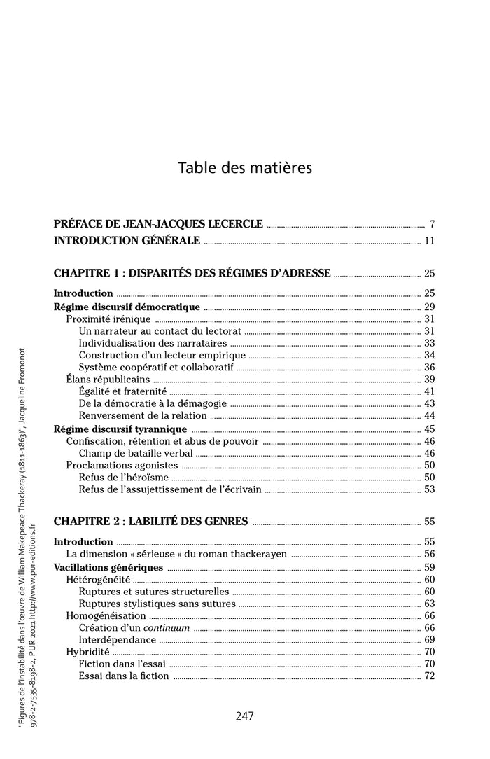 Figures de l'instabilité dans l'oeuvre de William Makepeace Thackeray