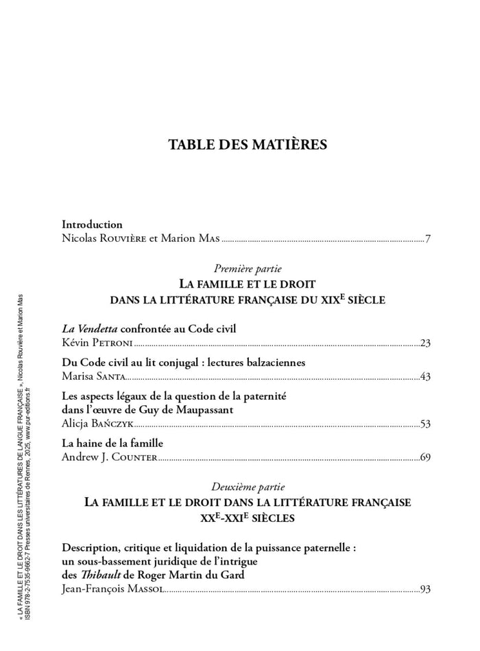 La famille et le droit dans les littératures de langue française