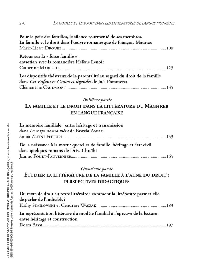 La famille et le droit dans les littératures de langue française
