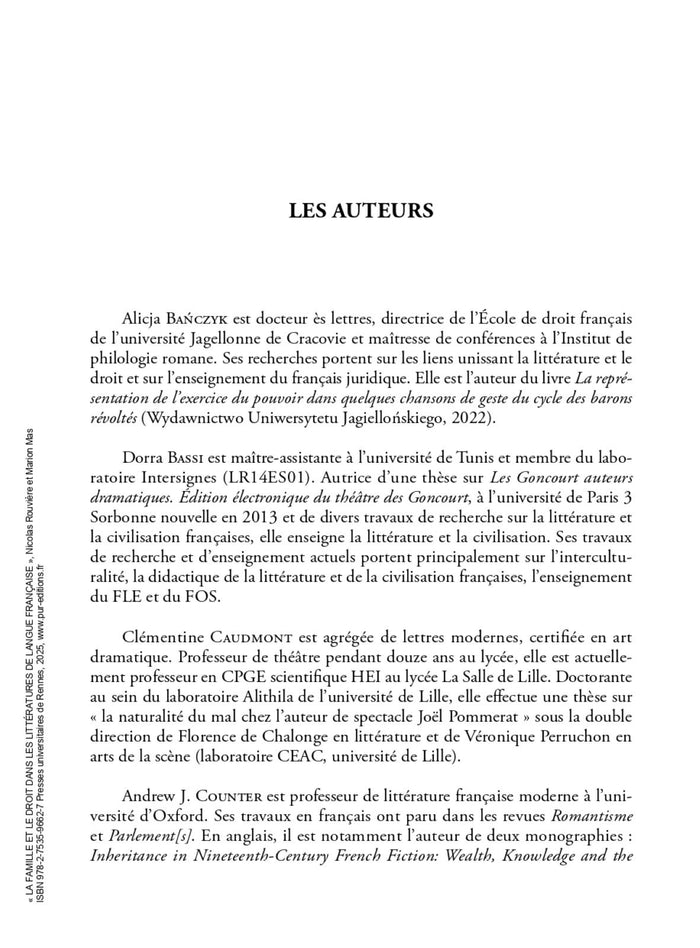 La famille et le droit dans les littératures de langue française