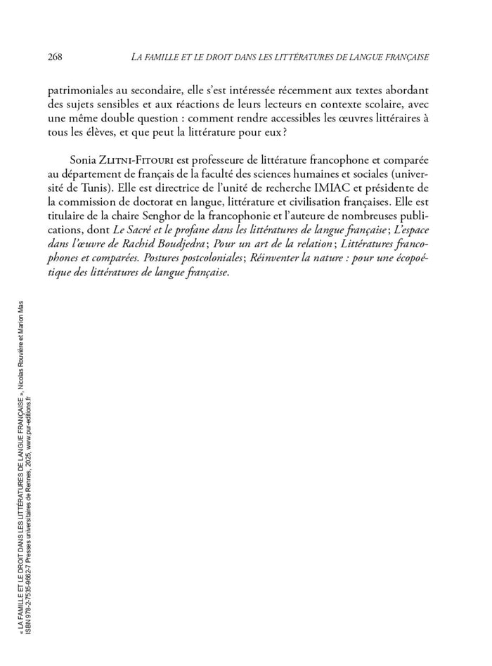 La famille et le droit dans les littératures de langue française