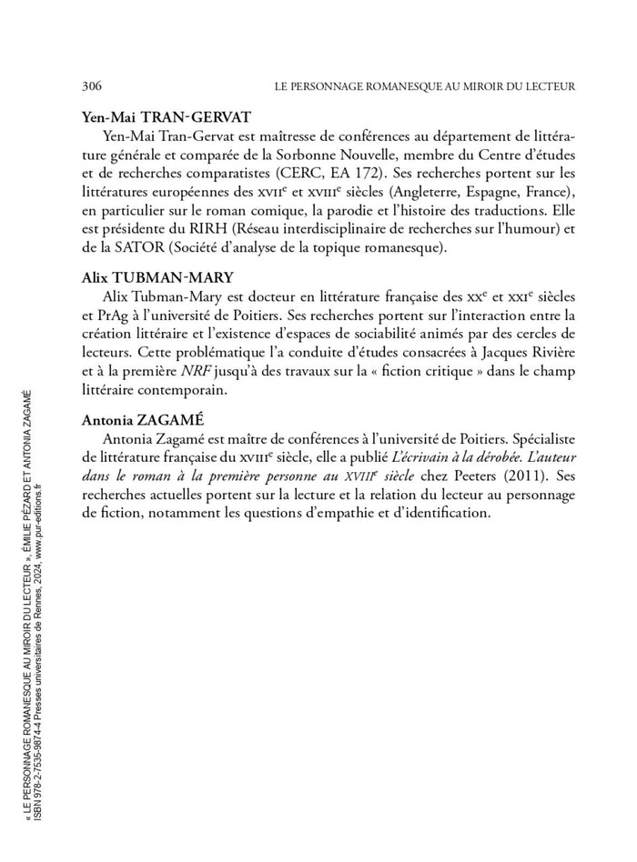 Le personnage romanesque au miroir du lecteur