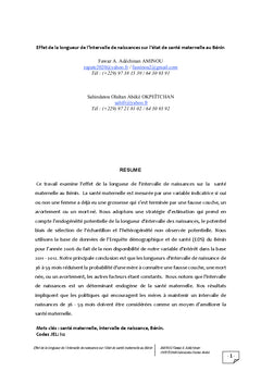 Intervalle de naissances et etat de sante maternelle au BENIN