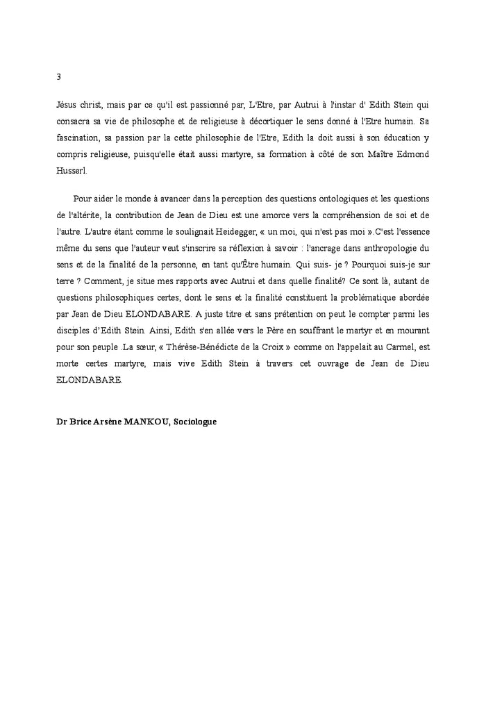 La Problématique de l' Être de la personne Chez Edith Stein