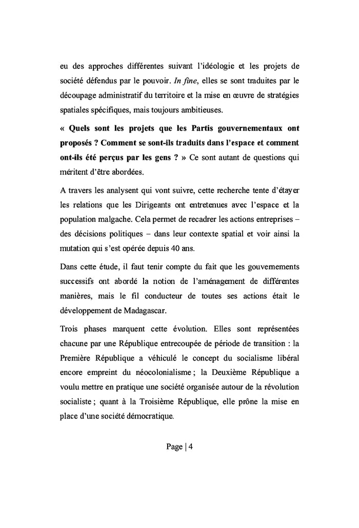 Les Partis gouvernementaux et l'Espace malgache de 1960 à 2001