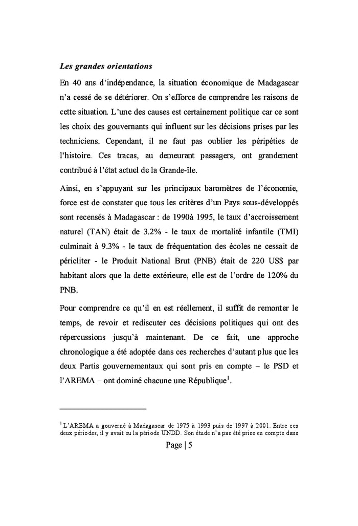 Les Partis gouvernementaux et l'Espace malgache de 1960 à 2001