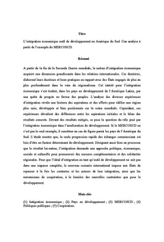 L'intégration économique outil de développement en Amérique du Sud