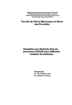 Simulation par éléments finis du processus d'ECAE pour différents modèles de matériaux