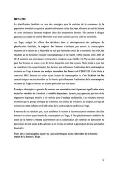 Caracteristiques, statut de la femme et contraception au Togo