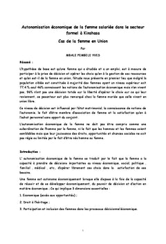 Autonomisation économique de la femme salariee en union à Kinshasa