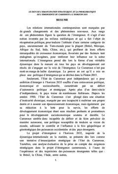 L'émancipation stratégique face à la politique d'émergence du Cameroun