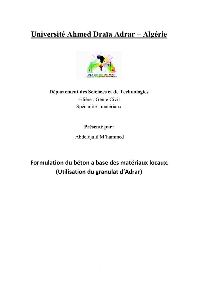 Formulation du beton A base des materiaux locaux. (Granulats d'Adrar)
