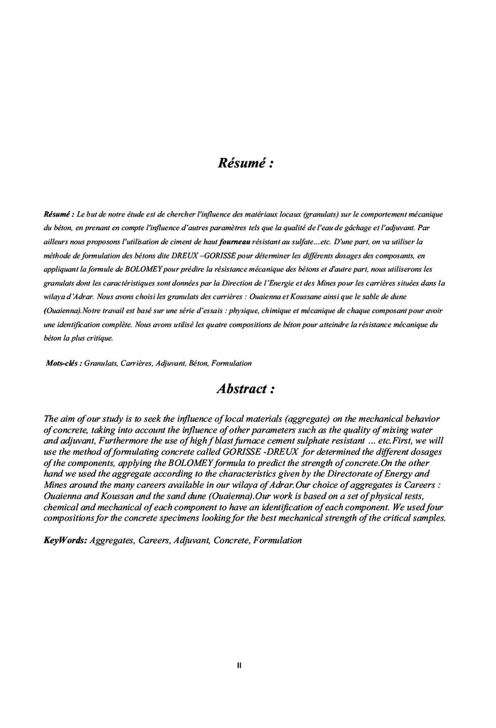 Formulation du beton A base des materiaux locaux. (Granulats d'Adrar)