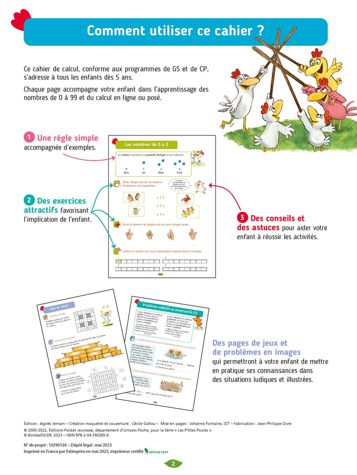 Cocorico je sais lire... et compter ! Cahier de calcul avec les P'tites Poules GS CP