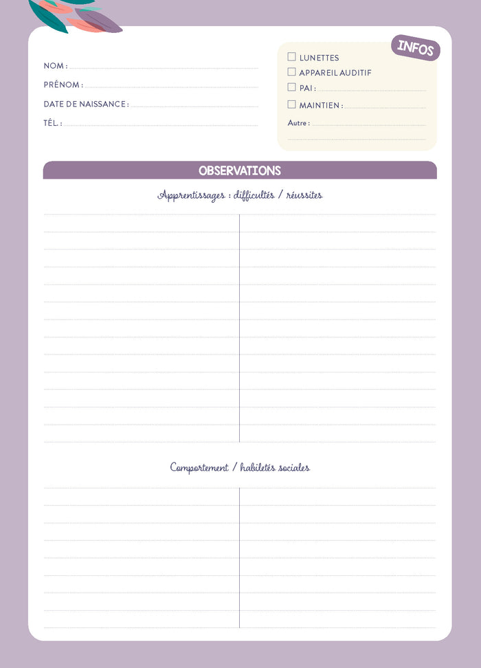 Mon cahier de suivi des élèves - Maternelle Elementaires