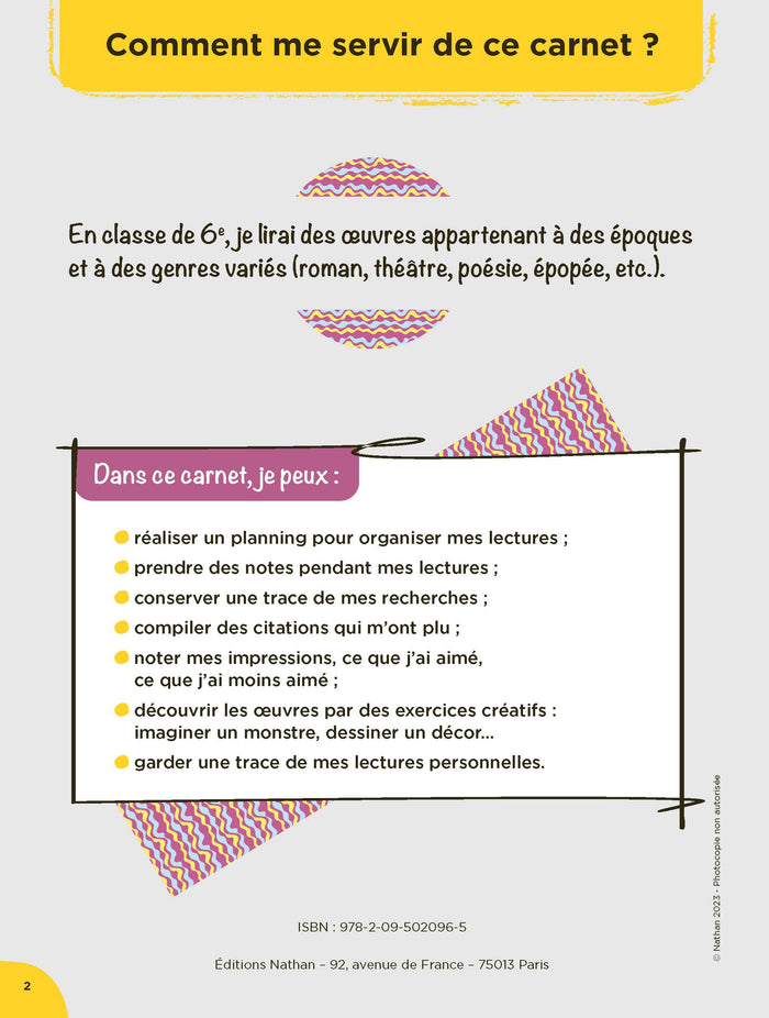 Mon carnet de lecteur 6e à personnaliser