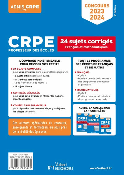 CRPE - Concours Professeur des écoles - Français et Mathématiques - 24 sujets corrigés - Entraînement intensif: Ecrits 2023