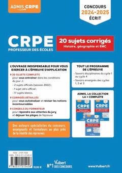 Histoire Géographie EMC - CRPE 2024-2025 - 20 sujets corrigés - Annales 2023 incluses