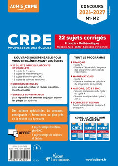 CRPE 2026-2027 (M1. M2) - Français, Mathématiques, Histoire-Géo-EMC, Sciences et techno - 22 sujets corrigés